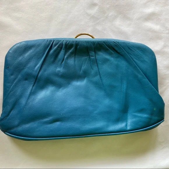 Vtg 80’s blue leather clutch purse. - Picture 1 of 7